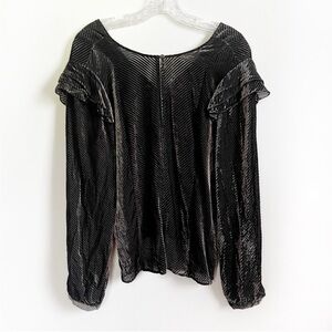 Worth New York blouse black diagonal velvet burnout ruffles keyhole